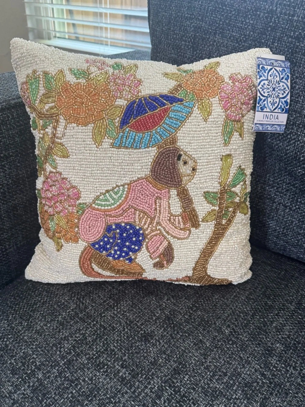 NWT India World Traveler‎ Collection Beaded Monkey Pillow Viral Decor
